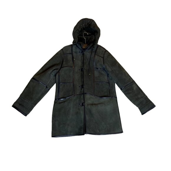 Pellegrino Genuine Shearling Hooded Coat Medium USA Italy Olive Green With Black - Picture 1 of 6